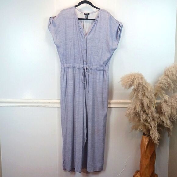 Jones New York wide leg cropped blue v-neck drawstring waist jumpsuit size large - Picture 2 of 13